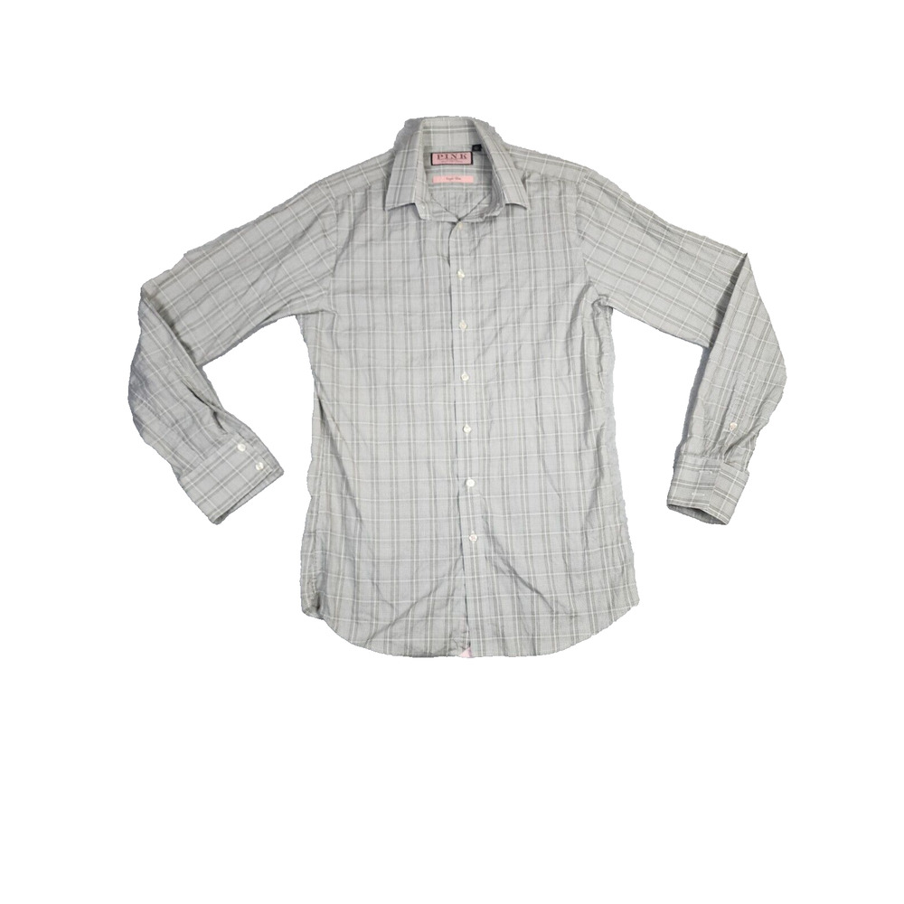 Thomas Pink Men's Super Slim Long Sleeve Gray Checkered Button Up. Size 37cm‎